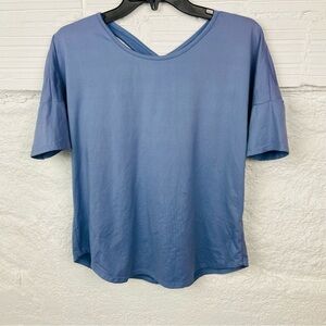 ETHEREAL blue cut out criss cross 3/4 sleeve stretch shirt size medium